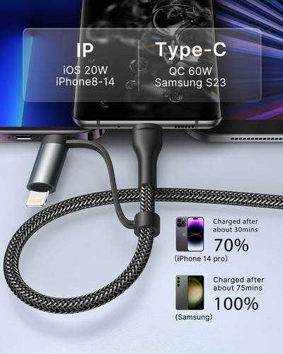 Cable De Carga 4 En 1 Adaptador Usb C Iluminado A Usb C 60 W