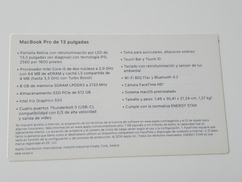 Apple Macbook Pro 2016 A1706 (4 Puertos Thunderbolt) Gris (Usado)