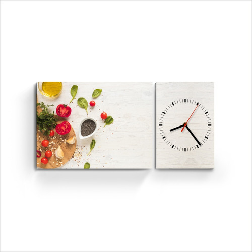 Cuadro Diptico Con Reloj Cocina Tomate Ajo Albahaca 