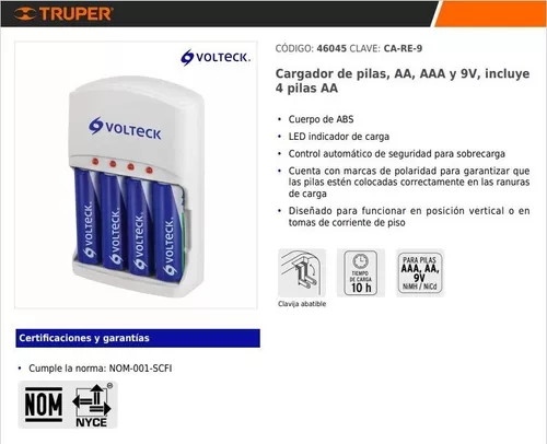 Cargador de pilas, AA, AAA y 9V, incluye 4 pilas AA, Volteck, Cargadores De  Pilas, 46045