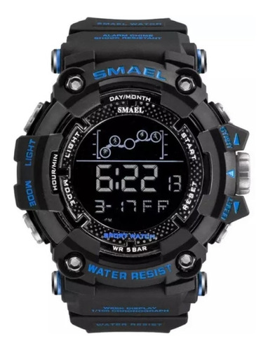 Reloj pulsera digital Smael 1802 con correa de resina color negro - bisel negro/azul