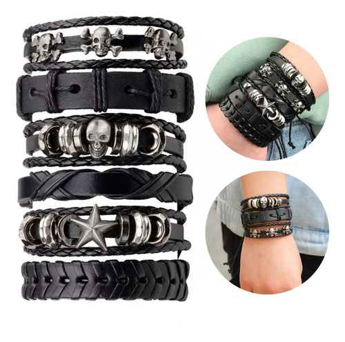 Pulsera Manillas Brazalete Cuero Genuino Skull Biker Hombre