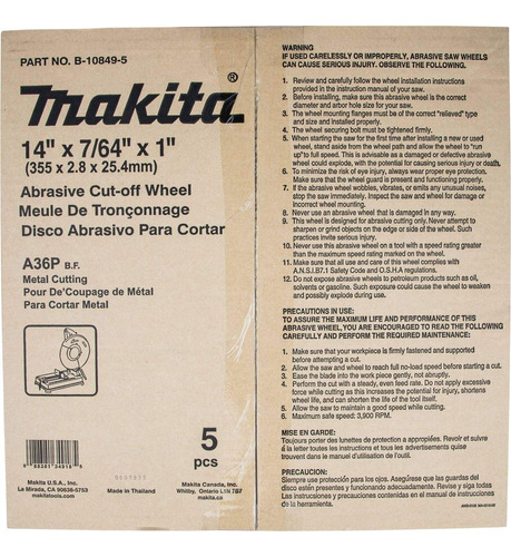 Disco De Corte Abrasivo Makita B-10849-5 14 X 1,1 X 2,5 Cm 5