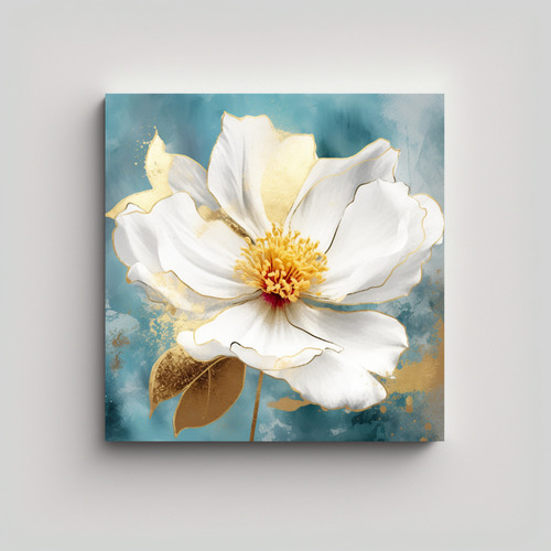 Cuadro Estética De Flor Blanca En Acuarela Y Dorado 40x40cm