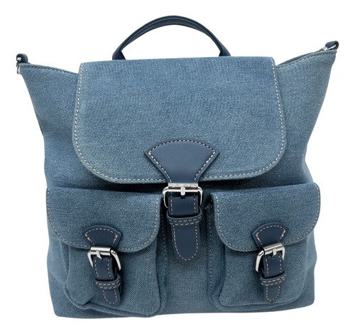 Bolsa Tipo Mochila Con Bolsas Al Frente Azul Acero Mezclilla Níquel Azul Acero