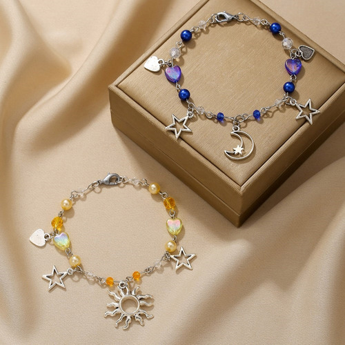 (4 #mold) Pulseira Hollow Out Star Moon Charm Bracelet Beade