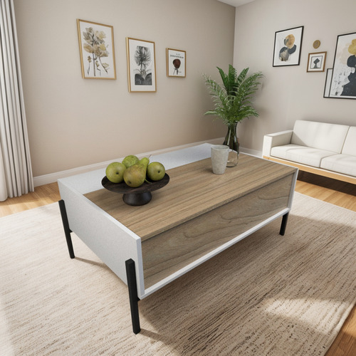 Mesa De Centro Ratona Industrial Melamina Minimalista Blanco Con Olmo