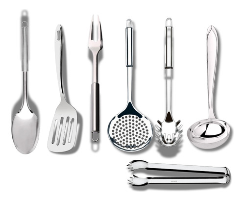 Kit 7 Utensílios Para Cozinha Inox Escumadeira Concha Colher Kit 7 Unidades
