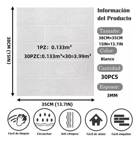 Paneles Decorativo Para Pared JUTANG 3d Espuma Impermeable Ladrillo Blanco 30pz