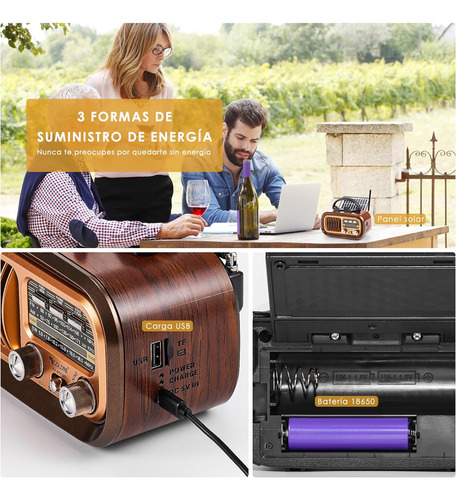 Altavoz De Radio Retro Bluetooth Portátil Con Panel Solar