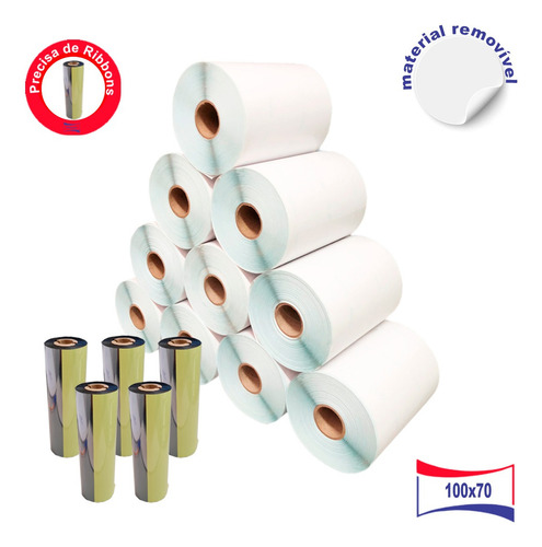 10 Rolos Etiquetas Adesivas Removivel 100x70 + 5 Ribbons Cor Branco
