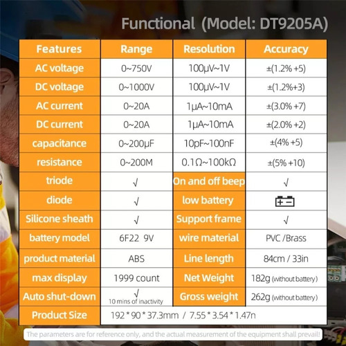 Multímetro Digital Aneng Dt9205a 20a 700v 9v Bateria