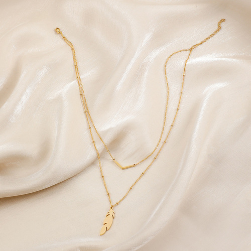 Collar B Doble De Acero Inoxidable Dorado Con Forma De Hoja