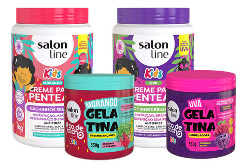 Kit 2 Cremes + 2 Gelatinas Kids Morango E Uva 1kg Salon Line