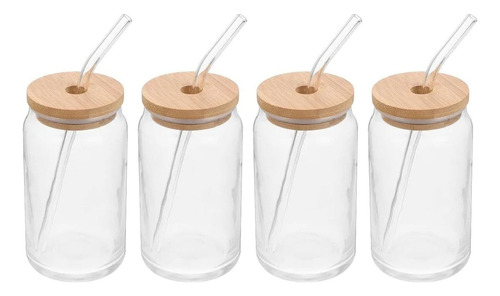 Pack De 4 Vasos De Vidrio Con Tapa De Bambú Y Bombilla 350ml