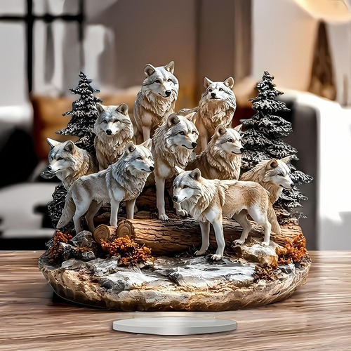 Pack 2d Wolf Pack Acrílico Placa Decorativa Animal Con Base