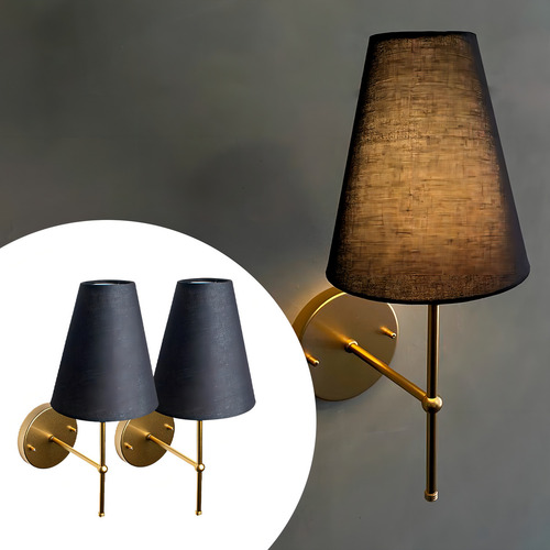 Kit 2 Arandelas Dourado De Parede Classica Cupula Preto Algodao Soquete E27 Tensao