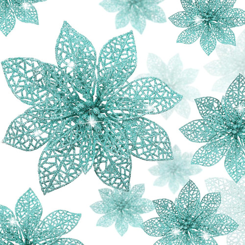 24 Piezas Glitter Poinsettia Ornamento De Navidad Flores De