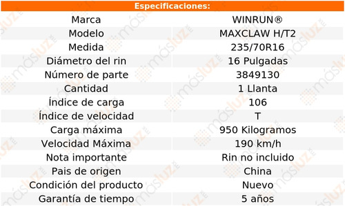 Llanta 235/70r16 106t Winrun Maxclaw H/t2 Sin Rin