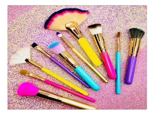 Set De 10 Brochas Kabuki Extra Suaves +esponja + Color Rosa
