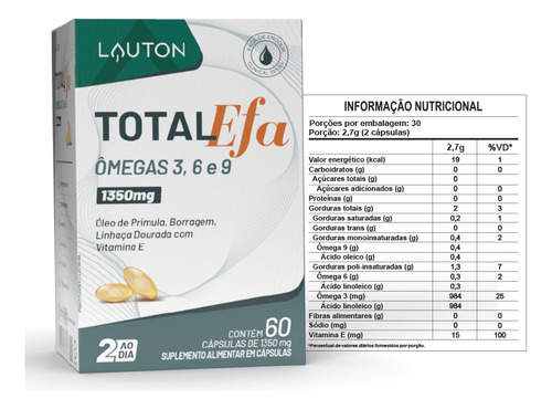 Kit 3x Total Efa Ômegas 3, 6, 9 1000mg - Lauton