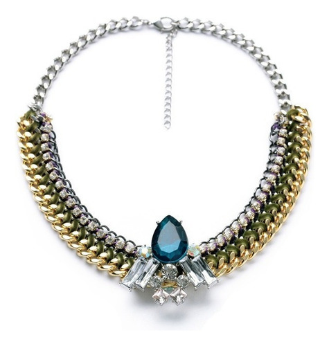 V Collar Gota Cristal Azul Eslabon Tejido Evento Social