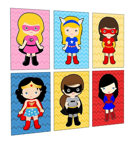 Quadro Infantil Super Heroínas Kit 6 Peças 20x30cm Meninas Cor Colorido Cor Da Armação Não Tem