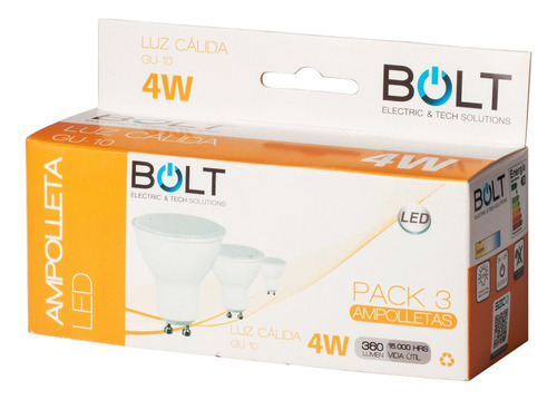 Pack 3 Ampolletas Led Gu10 4w Calida