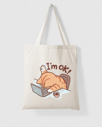 Tote Bag Tela - Estampado De Gato I'm Ok - 40x35cm Beige Gato Ok