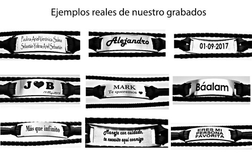Imagen 6 de 10 de 3 Pulseras Acero Piel Negra Personalizada Láser M1101