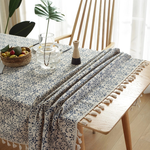 A Mantel De Algodón Y Lino, Estilo Retro, Brocado Azul