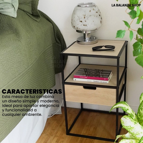 Set 2 Mesas De Luz Diseño Industrial Madera Hierro Con Cajón