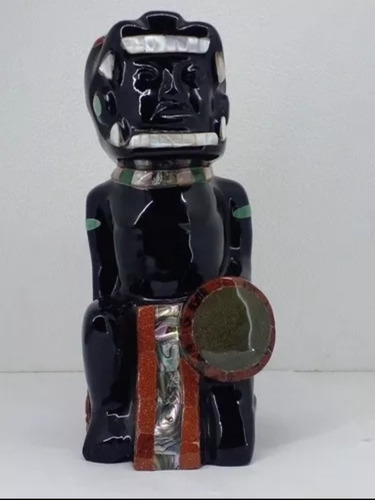Guerrero Jaguar Obsidiana Incrustado Concha 25cm Escultura 