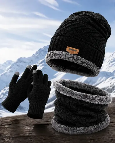 Kit Frio Touca Gorro Forrada + Protetor De Pescoço Gola + Luva Touch Lã Inverno Peluciado Proteção Anti-vento Esporte Viagem Neve Lemon Shark Preto Un