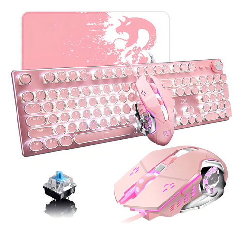Teclado Y Mouse Tipo Máquina De Escribir Rosa, Retro, Vintage Para Juegos Con Retroiluminación Led Blanca, 104 Teclas Anti-ghosting Redondas, Interruptor Azul Con Cable, Para Escritorio O Laptop