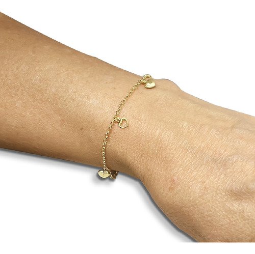 Pulseira Portuguesa Em Ouro 18k Com Berloques Corações Comprimento 19 Cm Cor Amarelo
