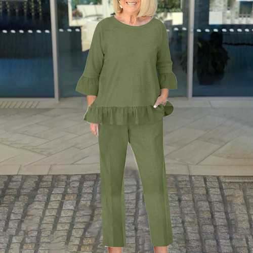 Conjunto De Blusa Y Pantalones De Algodón Y Lino Con Mangas