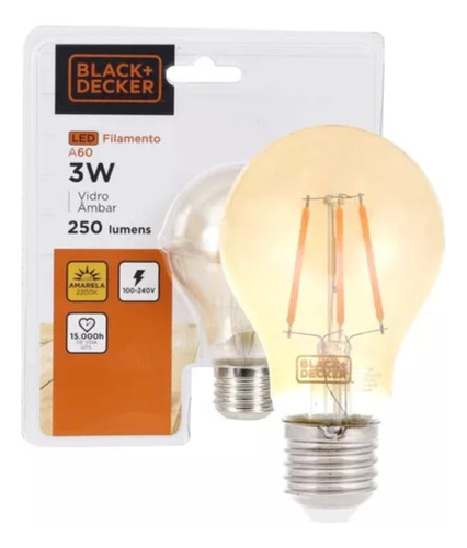 Lámpara LED A60 Amber Black+Decker de filamento retro, 3 W, 2200 K