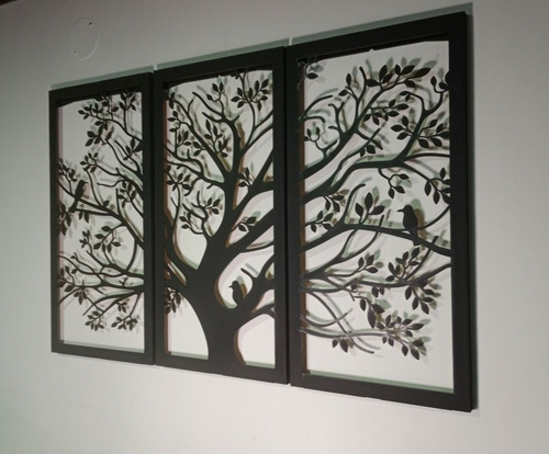 Imagen 3 de 5 de Cuadro Tríptico Árbol Con Pájaros Corte Láser Mdf De 2.5 Mm