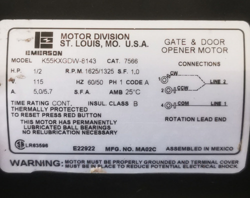 Motor Monofasico Emmerson 1/2hp 1345 Rpm 115volts (Usado)