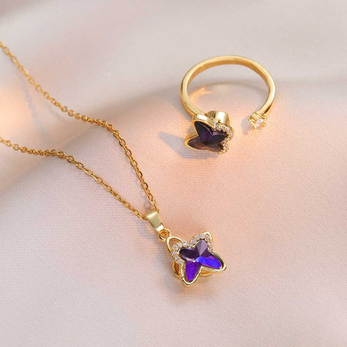 Mariposa Conjunto Joyas Collar Anillo Giratorio Para Mujer