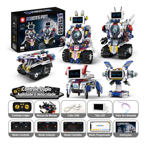 Camewin Blocos Construção Brinquedo 5 Em 1 Led Robô Educacional Variável, Controle Remoto E De Aplicativos, Programável 603 Peças