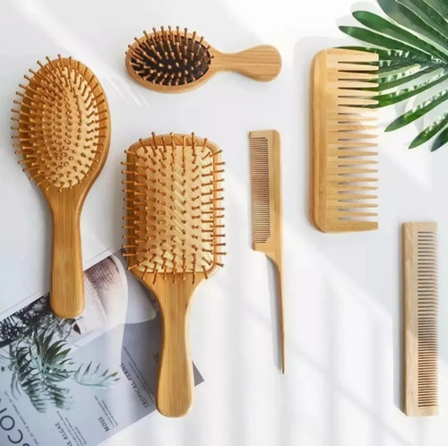 Kit De Escova E Pente De Bambu Antifrizz, 6 Peças