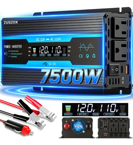 Inversor Convertidor De Corriente 7500W Con 4 Enchufes Ac*2+usb-a*1+usb-c*1, ZUSZOX 4 En 1 Transformador Coche Portátil Auto Con Pantalla Lcd, Protección Múltiple Sinusoidal Adaptador 12v-110v