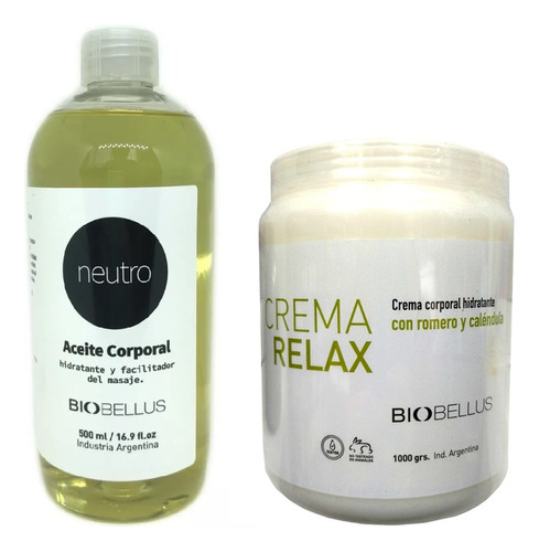  Aceite Neutro 500ml + Crema Masaje Musculares 1kg Biobellus Fragancia Suave Tipo De Envase Pote Tipos De Piel Normal