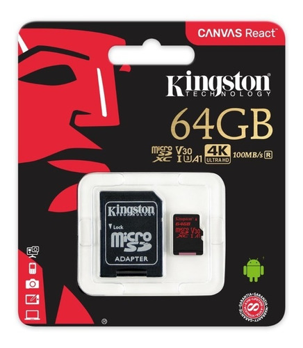 Micro Sd Kingston 64gb 4k 100mb/s V30 A1 Con Adaptador Origi