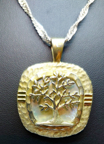 Cadena Plata Tornasolada Con Dije Plata Oro Y Nacar. Arbol 