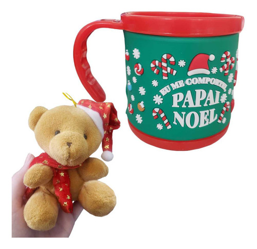 Caneca Natalino 200ml + Urso De Pelucia Enfeite Árvore Natal Cor Verde Me Comportei P.noel