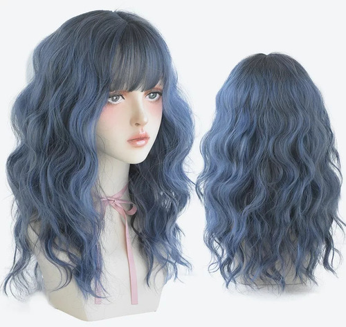 De Peluca Azul Ondulado Con Flequillo Para Mujer, Cabello