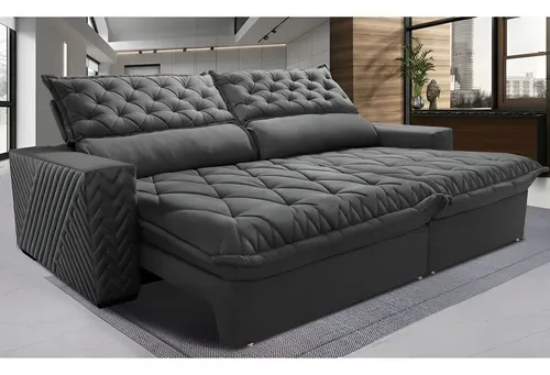 Sofá Retrátil e Reclinável 3,15m Molas Ensacadas Cama inBox Spazus com Bordado 3D Velusoft Cinza